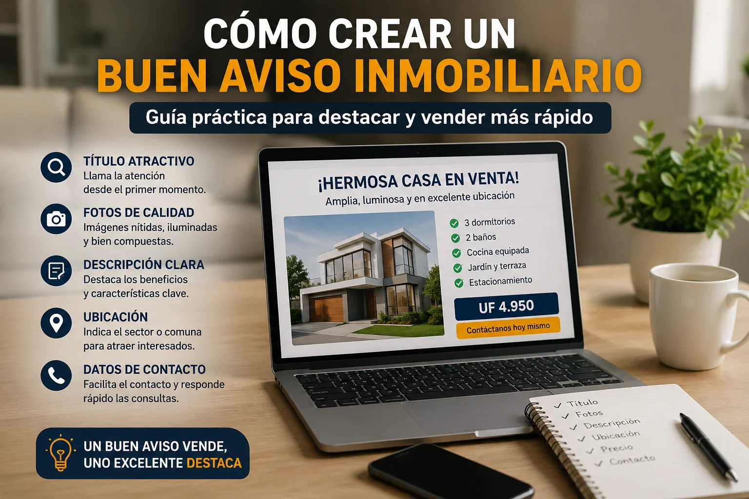 Persona preparando un aviso inmobiliario con fotos, precio y descripción de una propiedad
