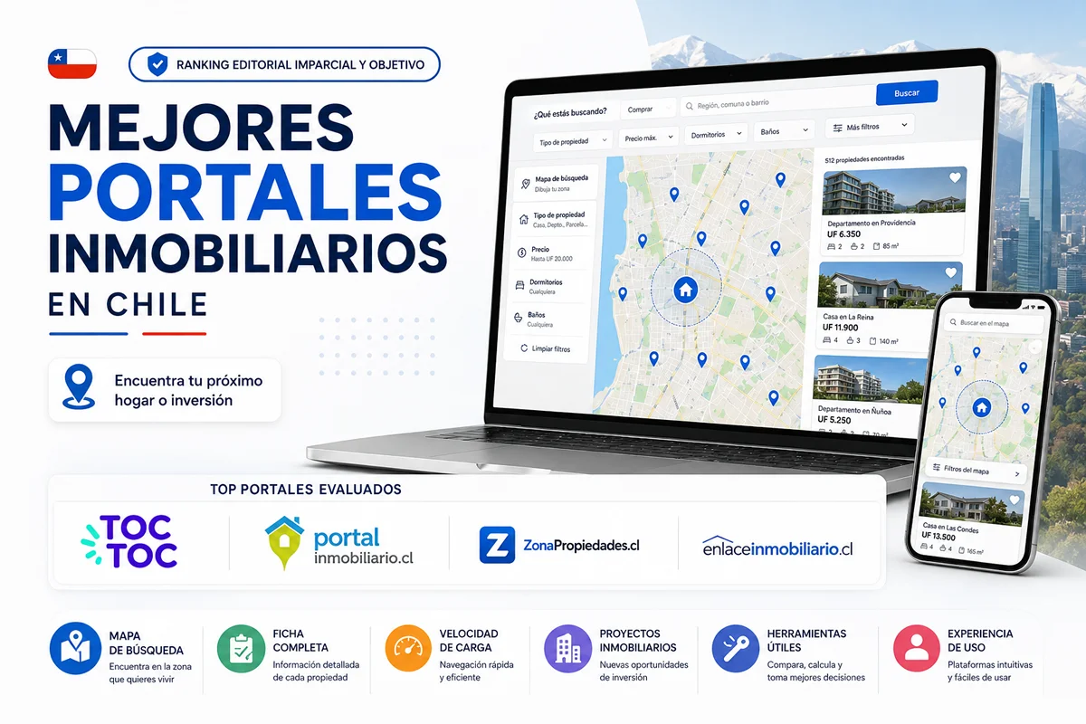 Ranking editorial de 20 portales inmobiliarios en Chile por herramientas, ficha de anuncio y modernidad