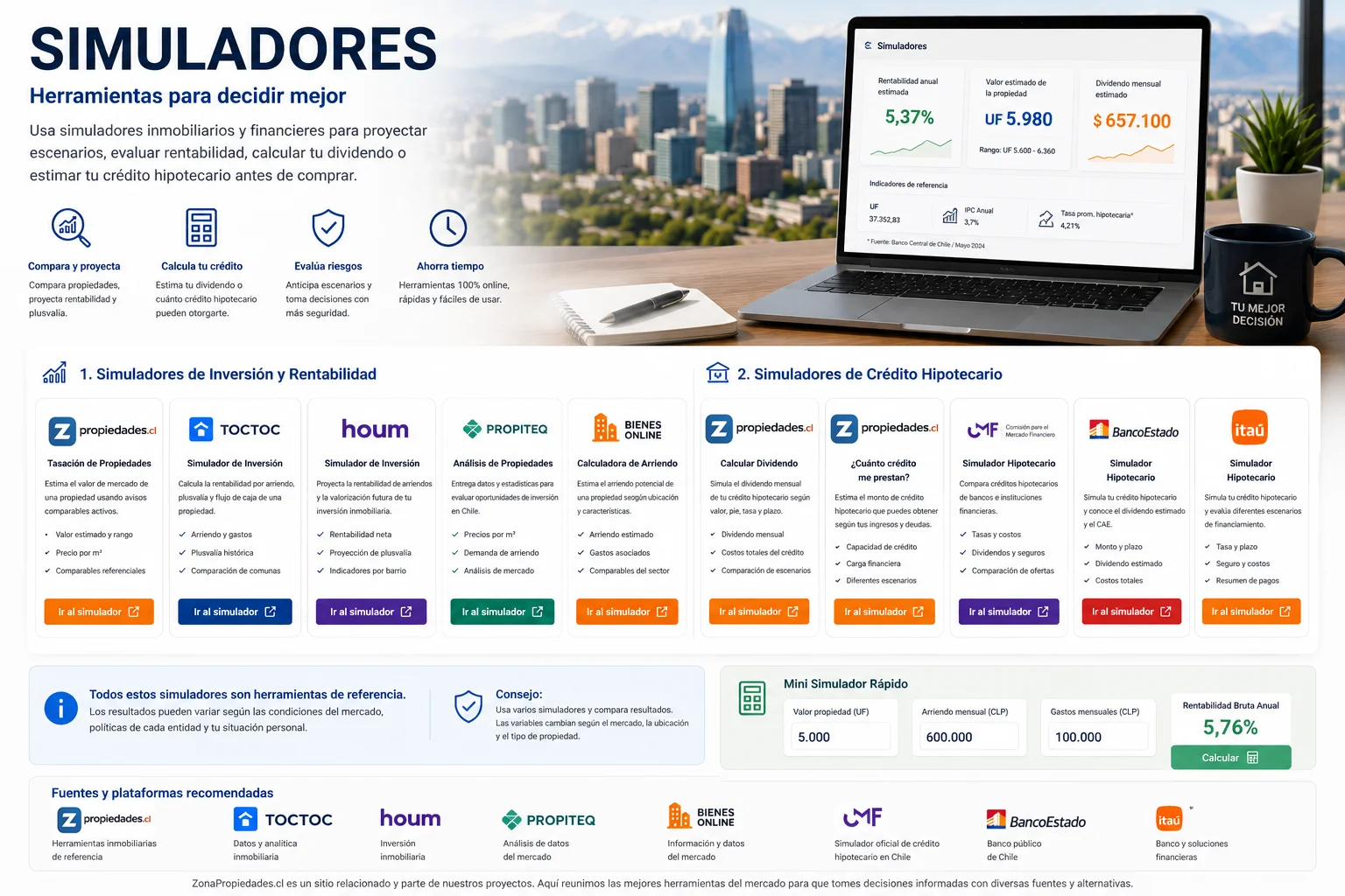 Persona analizando simuladores de mercado inmobiliario, rentabilidad y crédito hipotecario en Chile