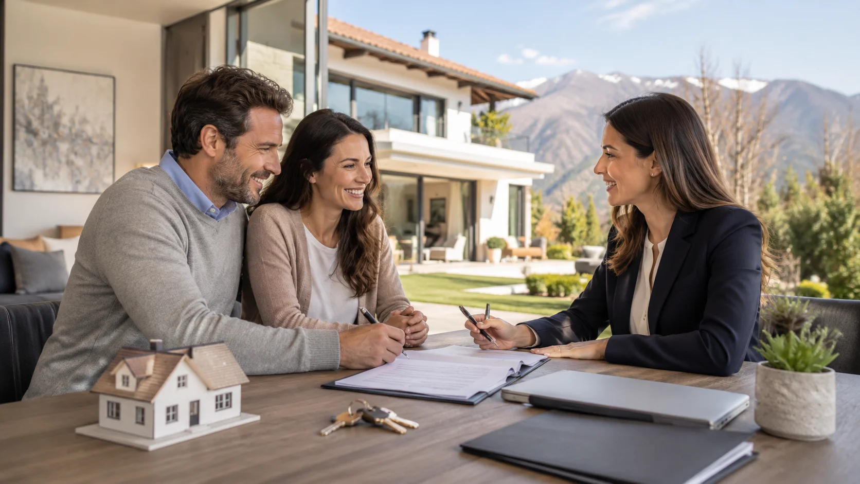 Asesor inmobiliario mostrando documentos de venta de una propiedad en Chile